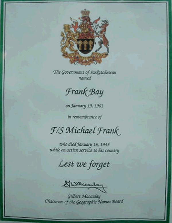 certificate from Sask Government re Frank's bay