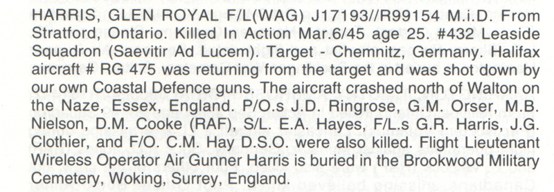 Glenn Royal Harris entry from the they shall grow not old memory book