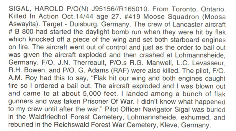 Harold Sigal entry from They shall grow not old memory book