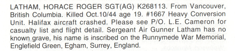 Latham Horace entry from the They shall grow not old memory book