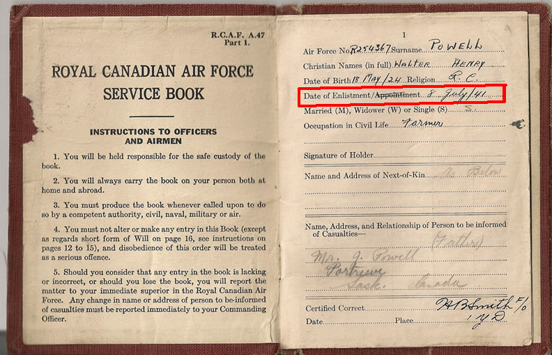 walter Powell enlistment record RCAF 1941