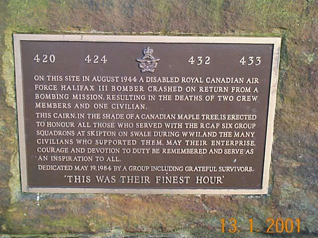 Plaque on Cairn erected at Skipton on Swale